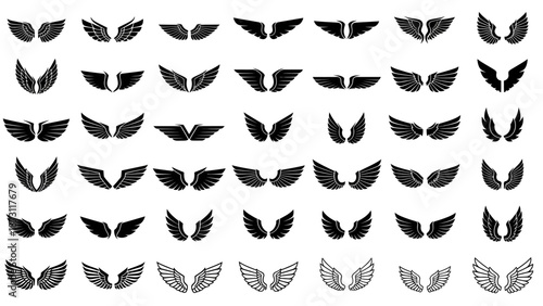 Extensive vector collection of original stylized wing designs, offering a wide array of graphic elements for creative projects, including mythical, angelic, and avian motifs