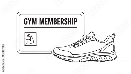 Line Drawing Of A Gym Membership Card And Running Shoes Representing Fitness Membership, Training And Active Lifestyle