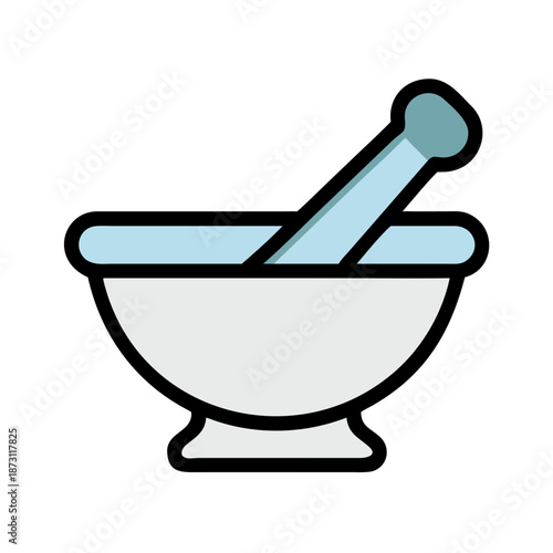 Graphic of mortar and pestle, modern design, used for grinding, on a white background
