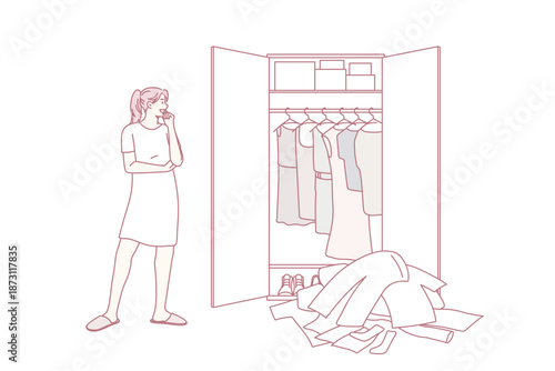 Huge wardrobe and problem of choice concept. Young smiling girl standing looking at wardrobe with many colorful clothes and trying to choose something to wear vector illustration
