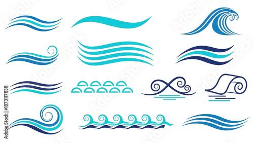 Collection of diverse blue and teal wave design elements, featuring a variety of ocean and water ripple patterns for graphic projects and aquatic themes
