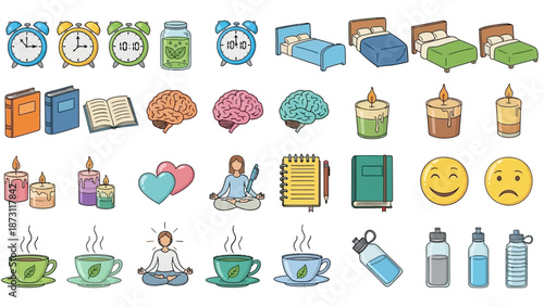 Collection of Icons Representing Wellness, Relaxation, and Mental Health Activities