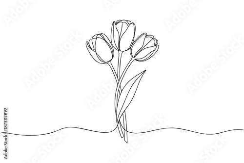 One continuous line drawing of beautiful fresh three tulips vector artwork