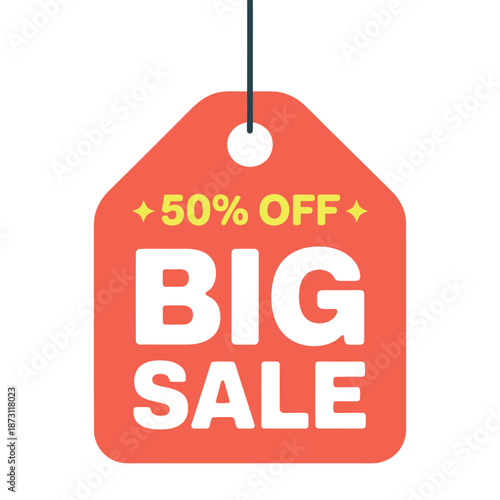 Big sale price tag with 50 percent discount label isolated on white background for ecommerce promotion, retail marketing and seasonal offer use