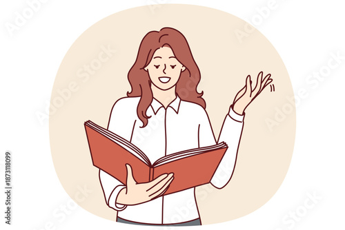 Woman is reading book and waving hand with smile rehearsing theatrical role and dreaming of becoming famous actress. Positive girl with book in hands enjoying reading classical literature