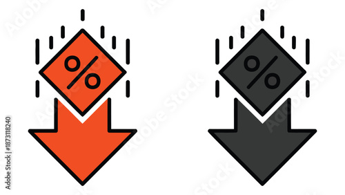 Percentage down arrow icons set in orange and black color isolated on white background representing discount, price drop, decrease and sale concept