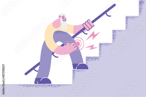 Unhealthy older man walk upstairs suffer from knee pain