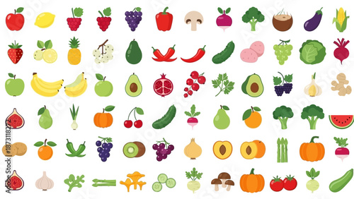 A vast collection of vibrant flat design fruit and vegetable icons, showcasing a healthy and diverse array of fresh produce perfect for various nutritional and culinary projects