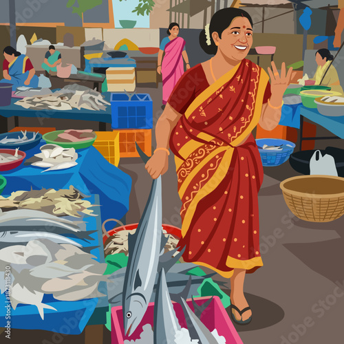Smiling Indian Woman Fish Vendor at Traditional Seafood Market 