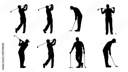 Vectorized collection of golf player silhouettes in diverse action shots, showcasing the athletic spirit and grace of the sport, ideal for design elements and sporting event promotions