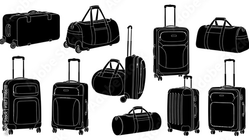 Collection of various types of luggage, bags, and suitcases on a white background