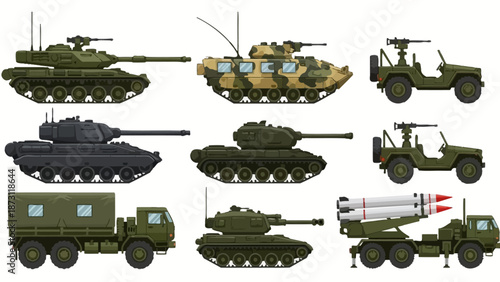 A Collection of Military Vehicles Including Tanks, Trucks, and Missile Launchers