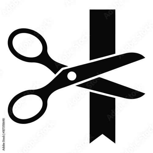 Scissors cutting ribbon icon in solid black style isolated on white background representing opening ceremony, cutting event and celebration concept