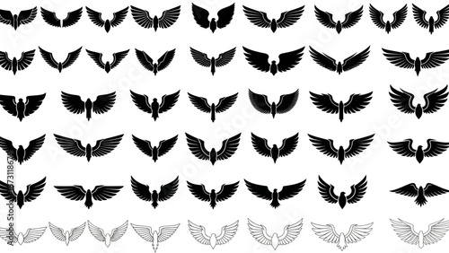 Vector collection of stylized wings. Diverse designs and orientations, ideal graphic assets for emblems, logos, and decorative art with ethereal, avian, or fantasy themes