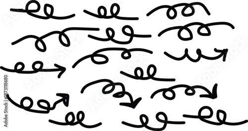 Hand drawn doddle black  curve arrow icon set