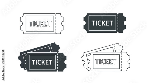 Set of diverse ticket icons featuring outline and solid designs, ideal for various events, admission, and entertainment graphics, suitable for web and print applications
