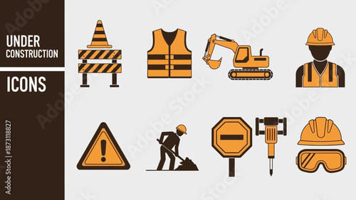 Modern flat design vector icon set for construction sites, road work, and industrial safety, featuring essential tools, machinery, and worker gear elements