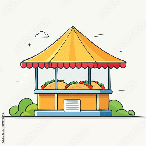 Yellow Taco Stand Booth with Red Trim and Green Bushes Under a Light Blue Sky with Clouds and Plus Signs