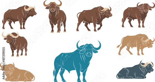 Buffalo and wildebeest animal character set in various poses, African safari wildlife vector illustration