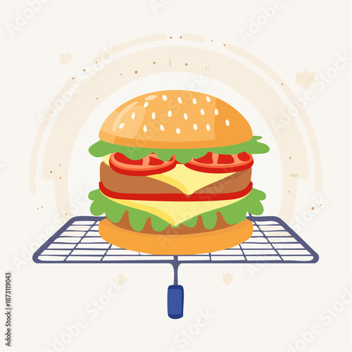 Delicious Burger with Toasted Sesame Seed Bun Fresh Lettuce Tomato and Melted Cheese on a Grilling Rack with Soft Pastel Background and Star Accents