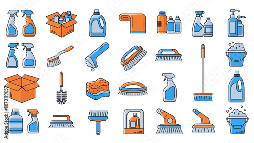 A comprehensive vector icon set featuring diverse household cleaning supplies and tools. Perfect for illustrating sanitation, hygiene, and domestic chores with a modern, outlined graphic style