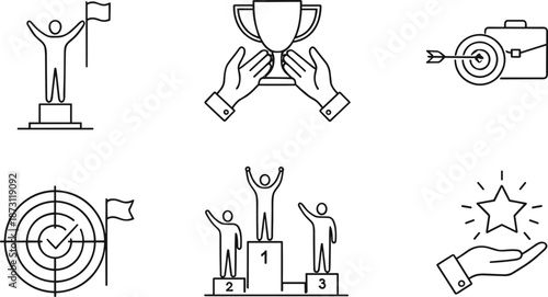 Business achievement and success line icon set featuring winner podium trophy cup target goal and leadership concepts for corporate growth