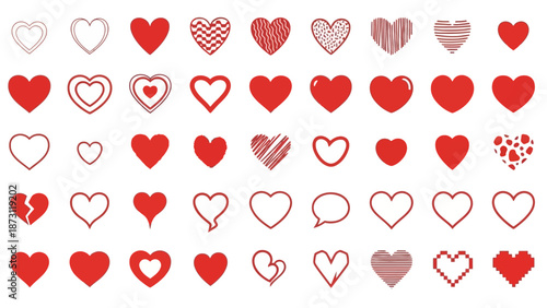 A collection of various red heart icons, from simple outlines to detailed, patterned, and pixelated designs, symbolizing love and affection