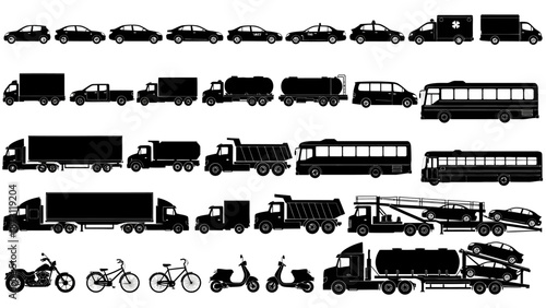 Collection of various black silhouette vehicles on a white background, including cars, trucks, buses, and motorcycles