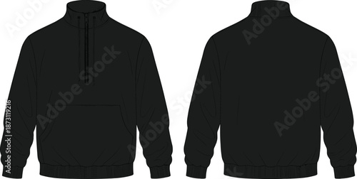 Black quarter zip pullover hoodie sweatshirt mockup template with front and back view for fashion apparel design and branding