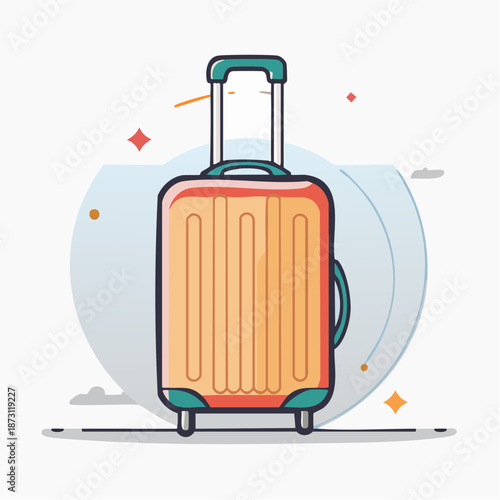 Orange And Teal Suitcase With Trolley Handle And Wheels On A White Background With Small Orange Stars And Blue Clouds