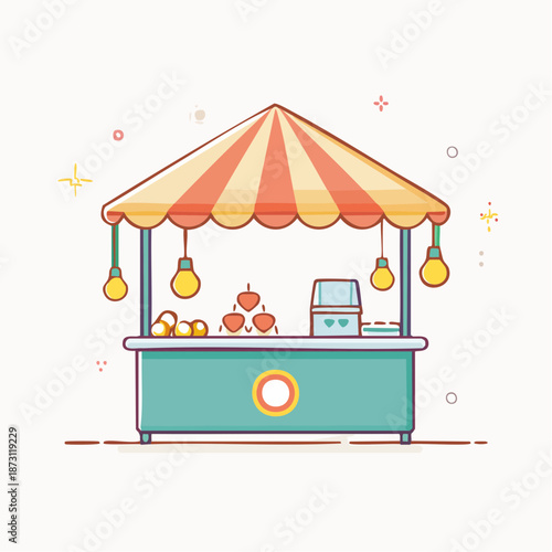Pixel Art Style Food Stall With Striped Awning and Hanging Lights Serving Fruit and Drinks