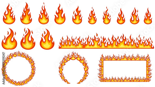 Dynamic Collection of Cartoon Fire and Flame Graphic Elements, Featuring Individual Burning Shapes, Horizontal Borders, and Decorative Circular and Rectangular Frames for Design Projects