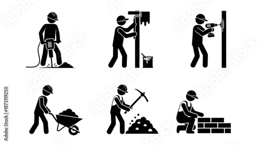 Dynamic collection of stick figure icons depicting various construction, renovation, and essential manual labor tasks, from jackhammer operation to bricklaying