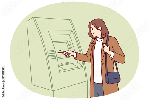 Woman uses atm to withdraw cash from credit card for shopping in stores or paying for services. Woman stands near atm, wanting to check amount of money in account or replenish deposit.