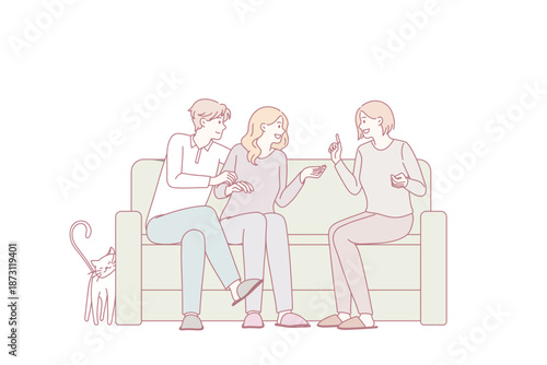 Meeting with friends and leisure concept. Smiling people couple and their girl friend sitting on sofa together discussing things at home vector illustration