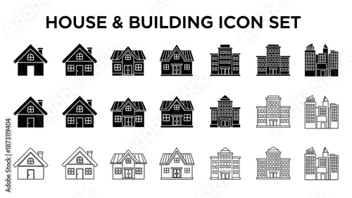 Comprehensive vector icon set featuring a diverse range of houses and buildings, ideal for architectural diagrams, real estate presentations, city planning maps, and urban development projects. 