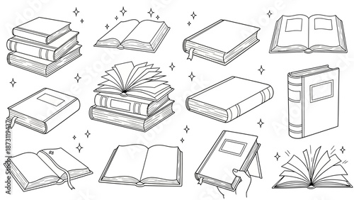 Versatile collection of hand-drawn outline book illustrations, showcasing various forms from open to stacked, ideal for themes of education, literacy, learning, and the joy of reading