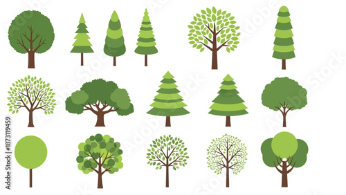 Diverse flat vector tree illustrations collection, showcasing various deciduous and coniferous species. Ideal for nature-themed graphic designs, environmental infographics,