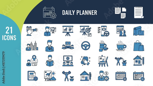 Vector icons for daily planning, business, and productivity. Illustrates task management, workflow, career growth, and organization for professional projects