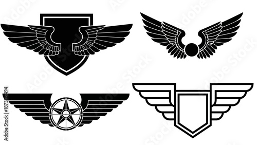 Collection of stylized wing emblems and shields, ideal for aviation or military insignia and awards