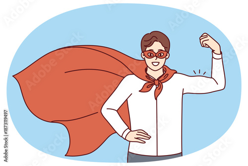 Man superhero in office worker clothes and red cape shows biceps for high business skills concept. Successful superhero businessman is ready to help company employees or do crisis management.