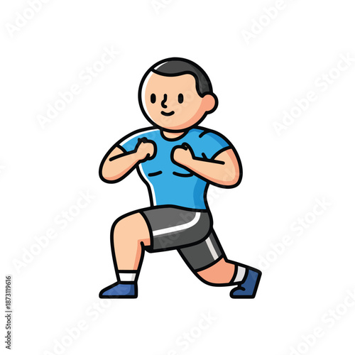 Smiling man in blue shirt doing lunge exercise