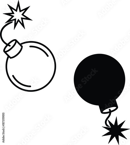 Set of classic bomb icons in outline and silhouette styles featuring large lit fuses with sparks for hazard warning, emergency, and explosive vector design.