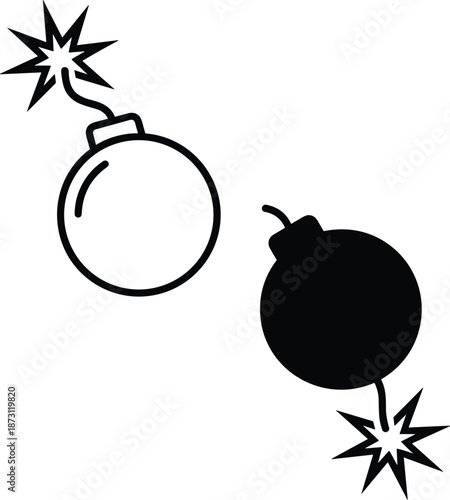 Set of classic bomb icons in outline and silhouette styles featuring large lit fuses with sparks for hazard warning,