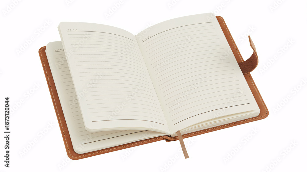 Fototapeta premium An open brown leather-bound notebook with lined pages and a bookmark, ready for writing or journaling on a white background.