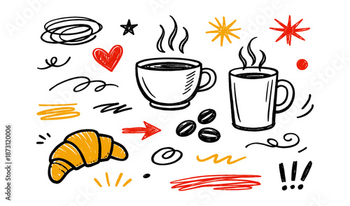 Hand-drawn coffee break elements with croissant and steaming cups on white background