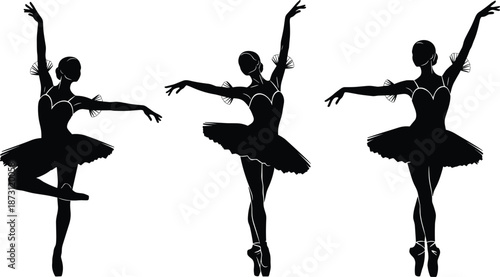 Set of black ballerina silhouettes performing graceful ballet dance poses in tutus for classical theater arts and gymnastics performance concepts