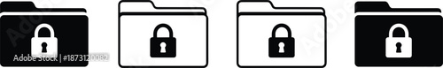 Secure file folder icon set featuring locked directory symbols for confidential data storage, encrypted private documents, and cyber security vector design.