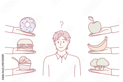 Choosing lifestyle and diet concept. Young frustrated man standing trying to choose between healthy balanced vegetarian foods and fast food vector illustration