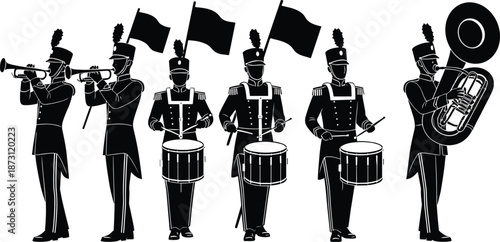 Marching band silhouette set featuring musicians playing trumpet drums and tuba with flags for parade and school music performance concepts